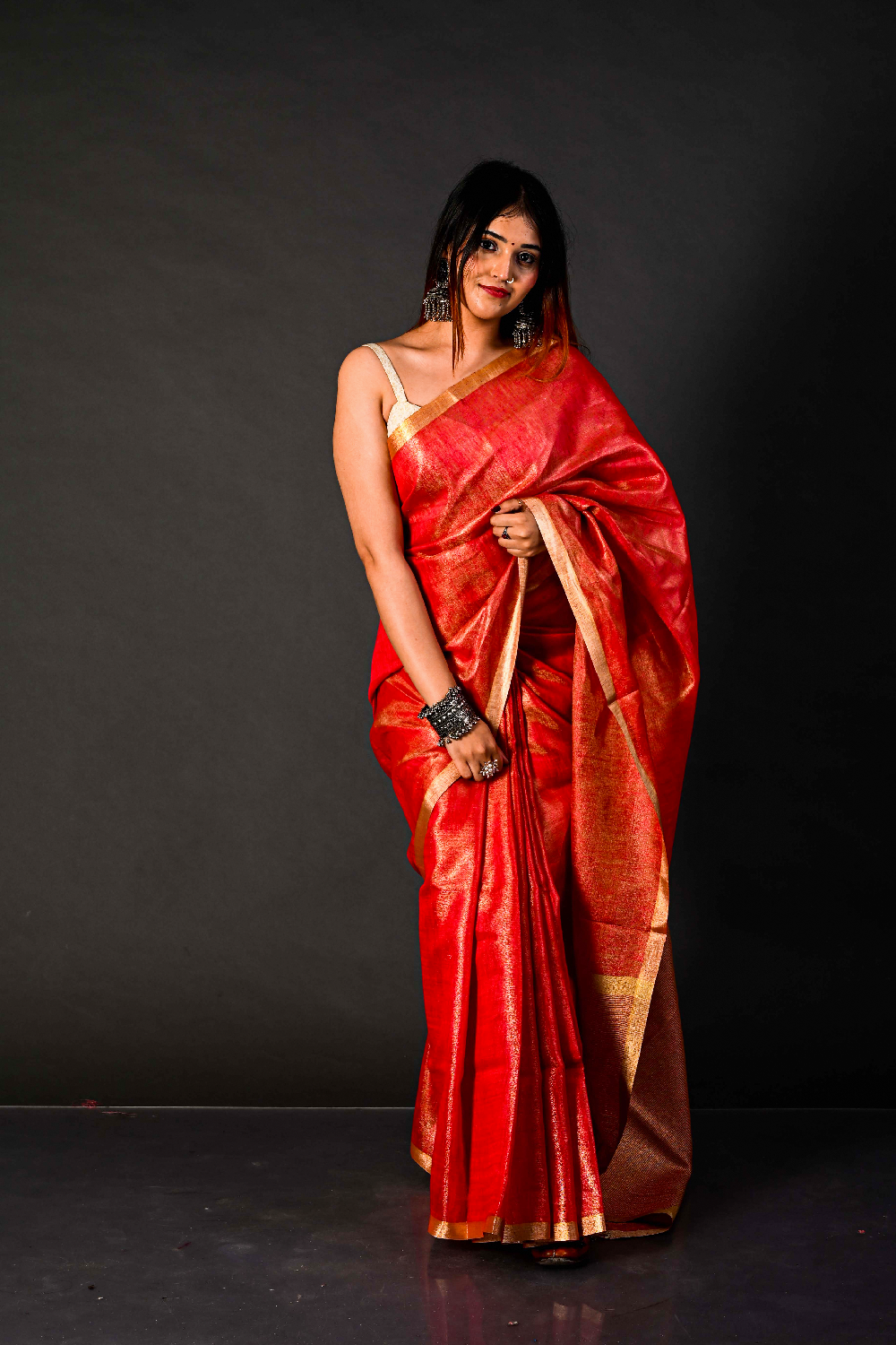 Tissue Linen Saree Handwoven Crimson Linen Saree