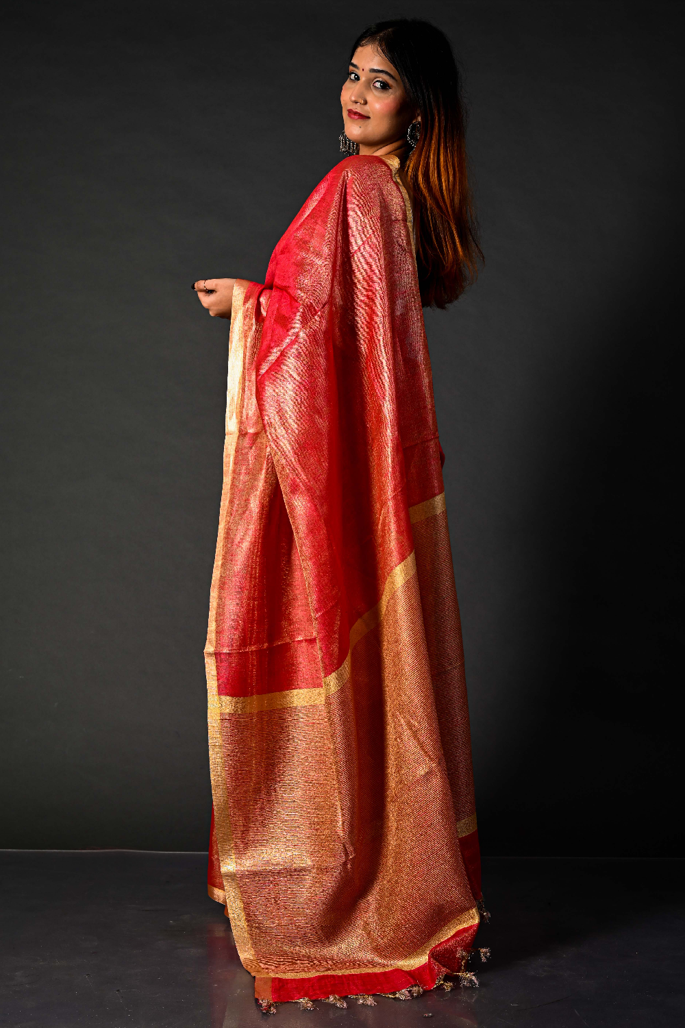 Tissue Linen Saree Handwoven Crimson Linen Saree