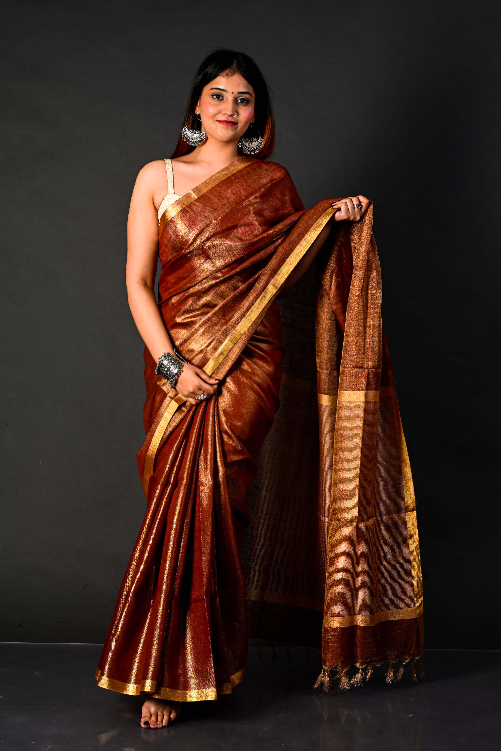 Handwoven Copper Brown Tissue Linen Saree – Bhasha Bharat
