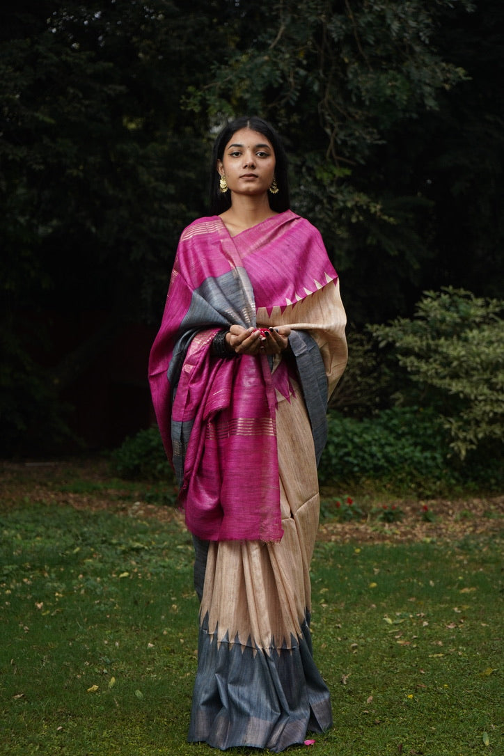 PINK PRINTED TUSSAR GICCHA SILK SAREE