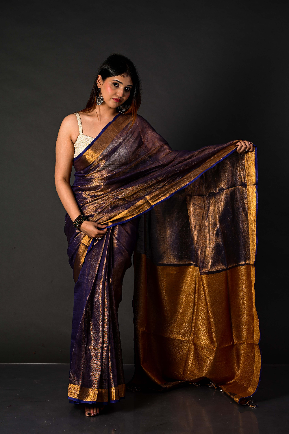 Handwoven Indigo & Antique Gold Tissue Linen Saree – Bhasha Bharat