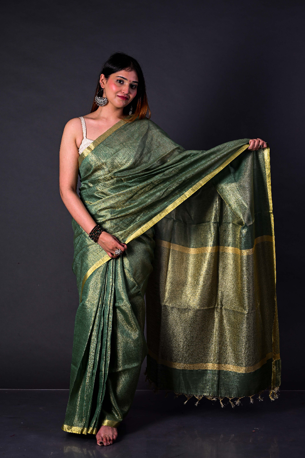Handwoven Olive Green Tissue Linen Saree – Bhasha Bharat