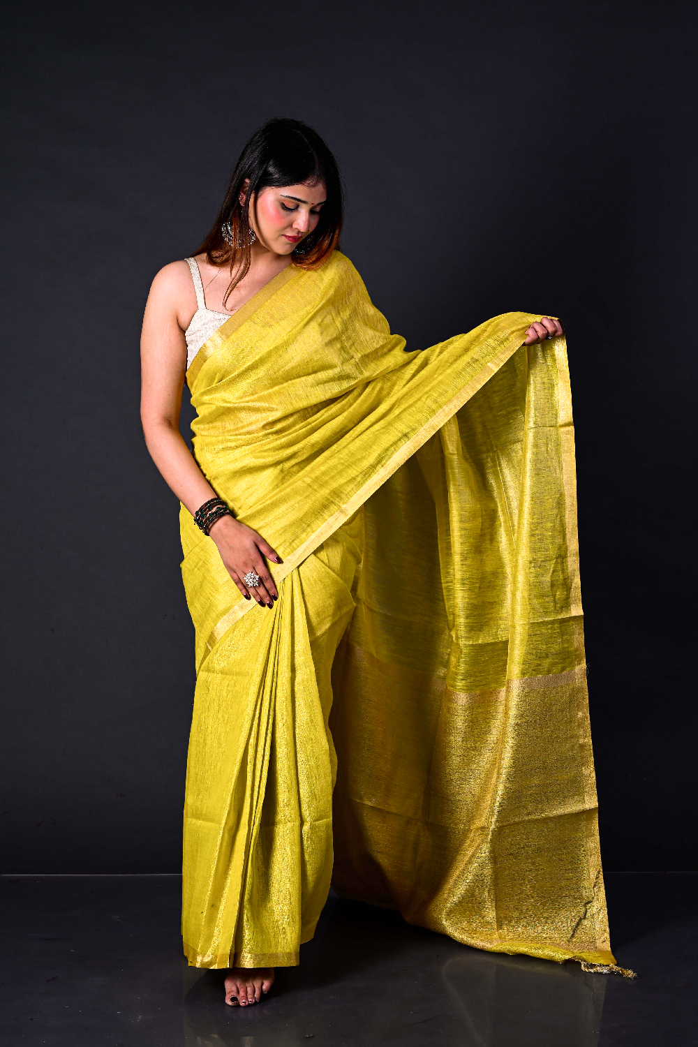 Handwoven Mustard Yellow TIssue Linen Saree – Bhasha Bharat