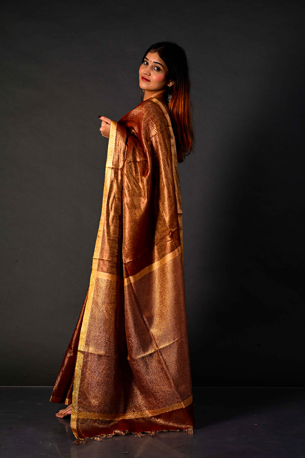 Handwoven Copper Brown Tissue Linen Saree – Bhasha Bharat