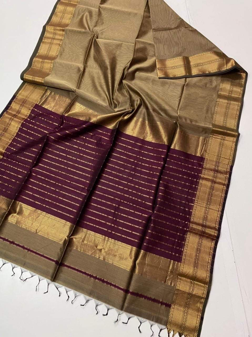 Beige Maheshwari Silk Saree with Handwoven Gold Zari Border & Wine Striped Pallu