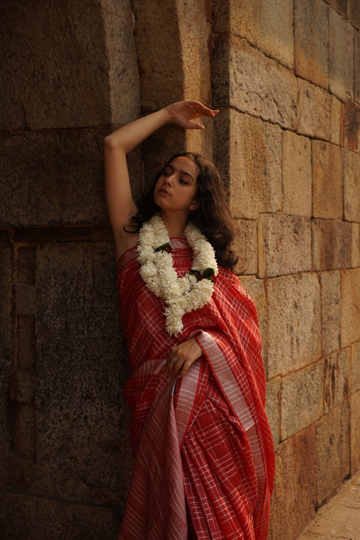 Red Check Linen Saree
