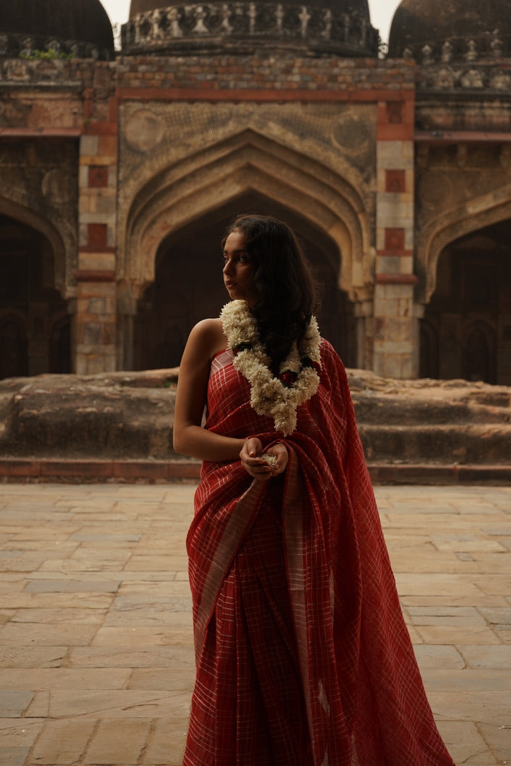Red Check Linen Saree