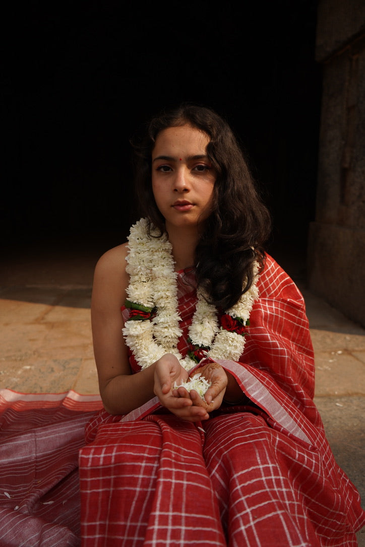 Red Check Linen Saree