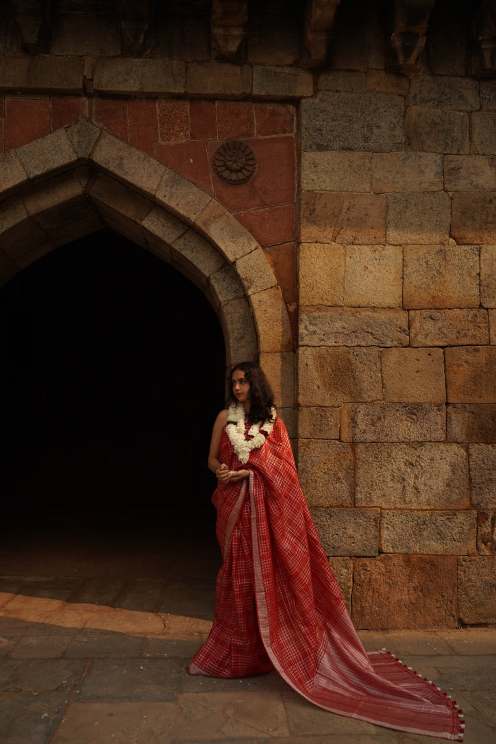 Red Check Linen Saree