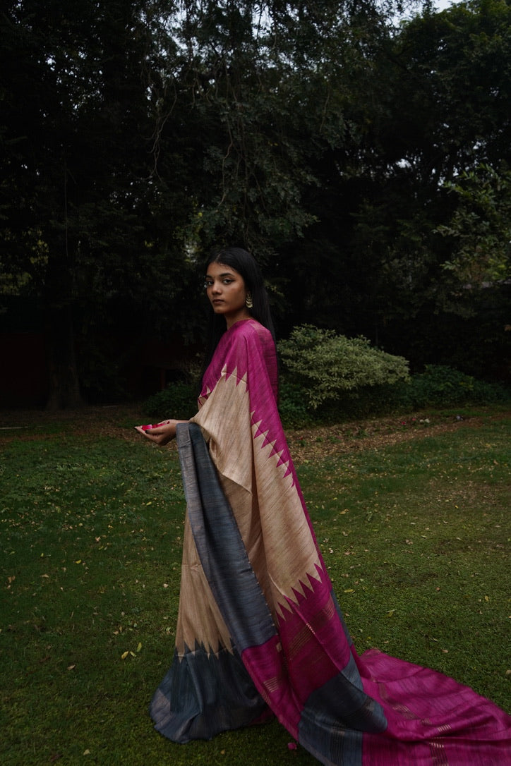 PINK PRINTED TUSSAR GICCHA SILK SAREE