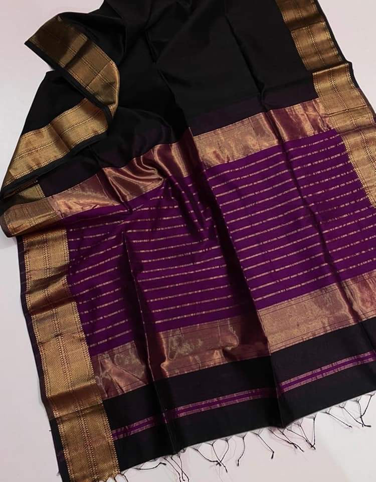 Classic Black Maheshwari Silk Saree with Handwoven Gold Zari Border & Royal Purple Pallu