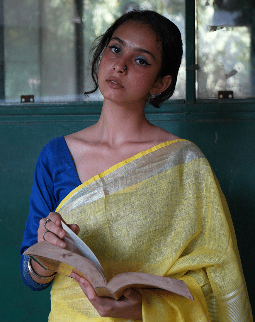 Yellow Colour  Linen Saree