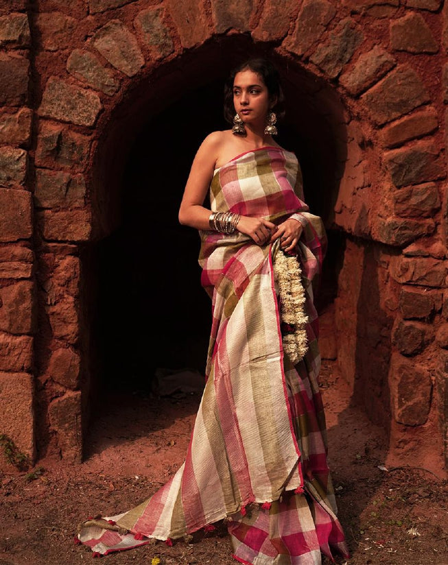 Redish Colour Check Linen Saree