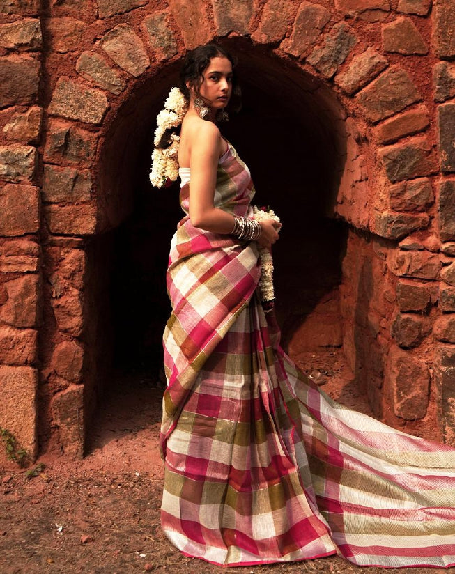 Redish Colour Check Linen Saree