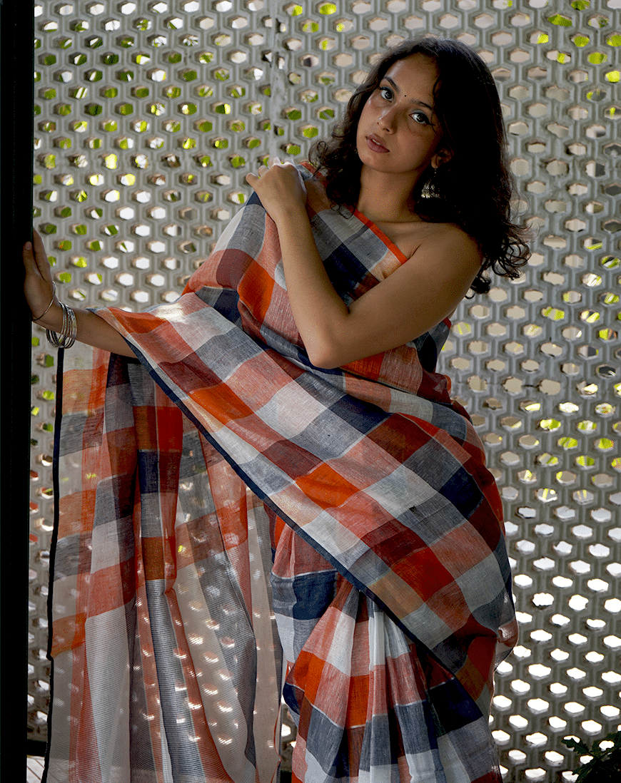 Check Linen Saree with Blouse for Women
