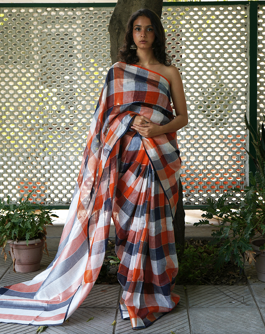 Check Linen Saree with Blouse for Women