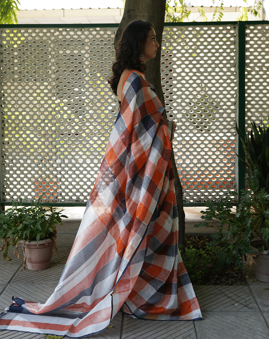 Check Linen Saree with Blouse for Women