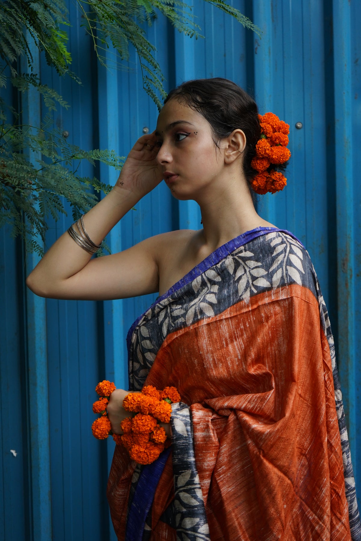 ORANGE PRINTED TUSSAR GICCHA SILK SAREE