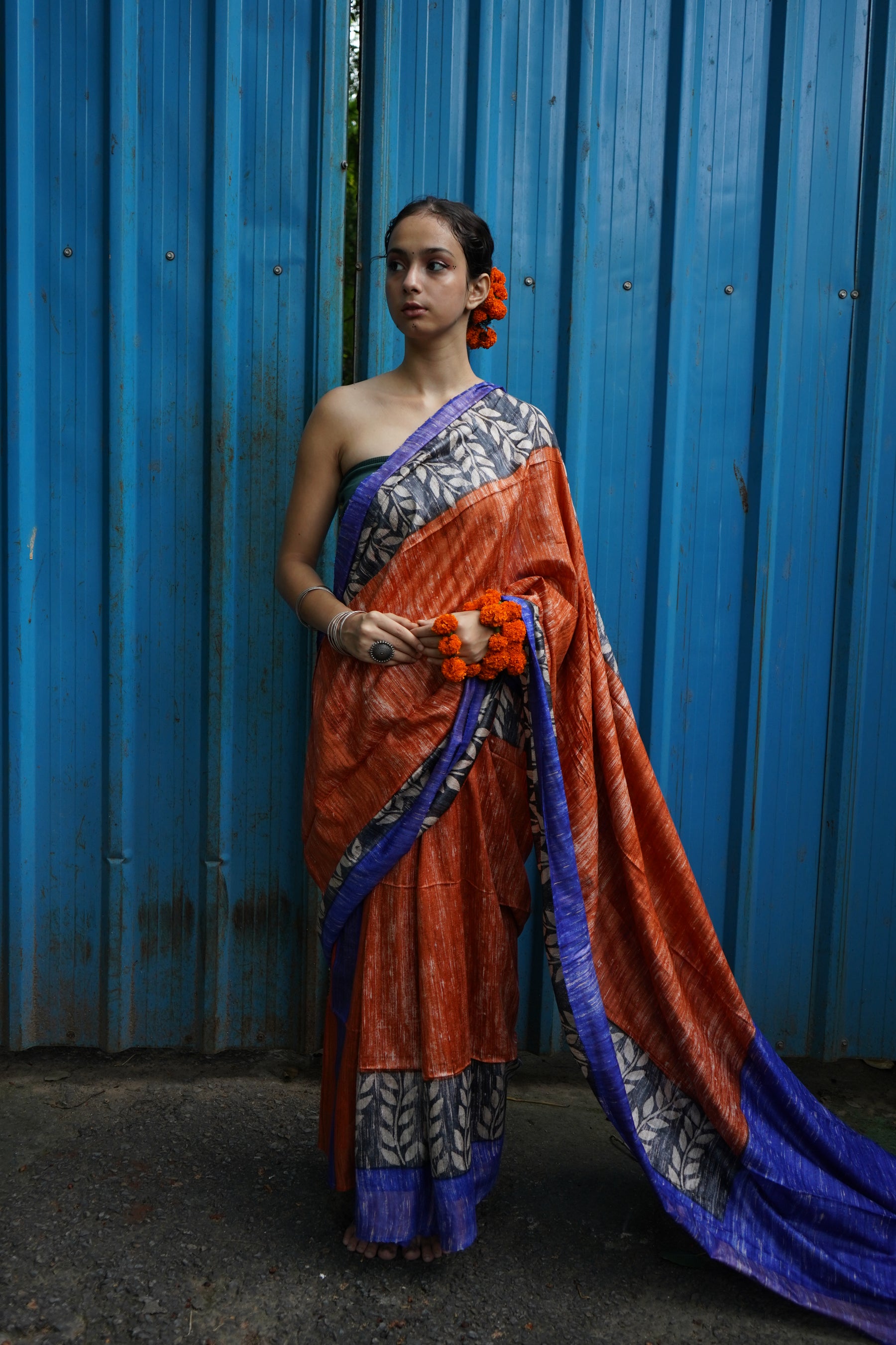 ORANGE PRINTED TUSSAR GICCHA SILK SAREE