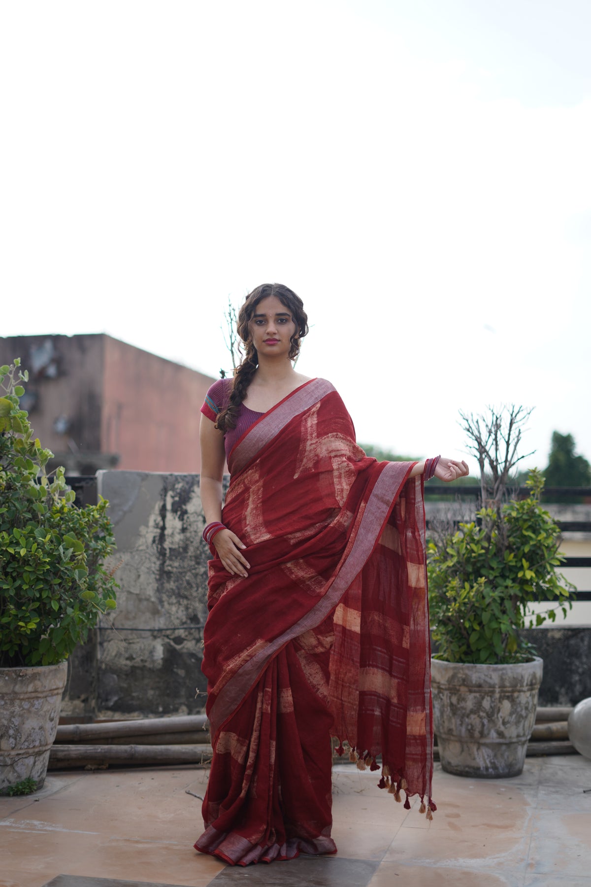 Ajrakh Handblock Printed Pure Linen Saree – Deep Maroon Elegance