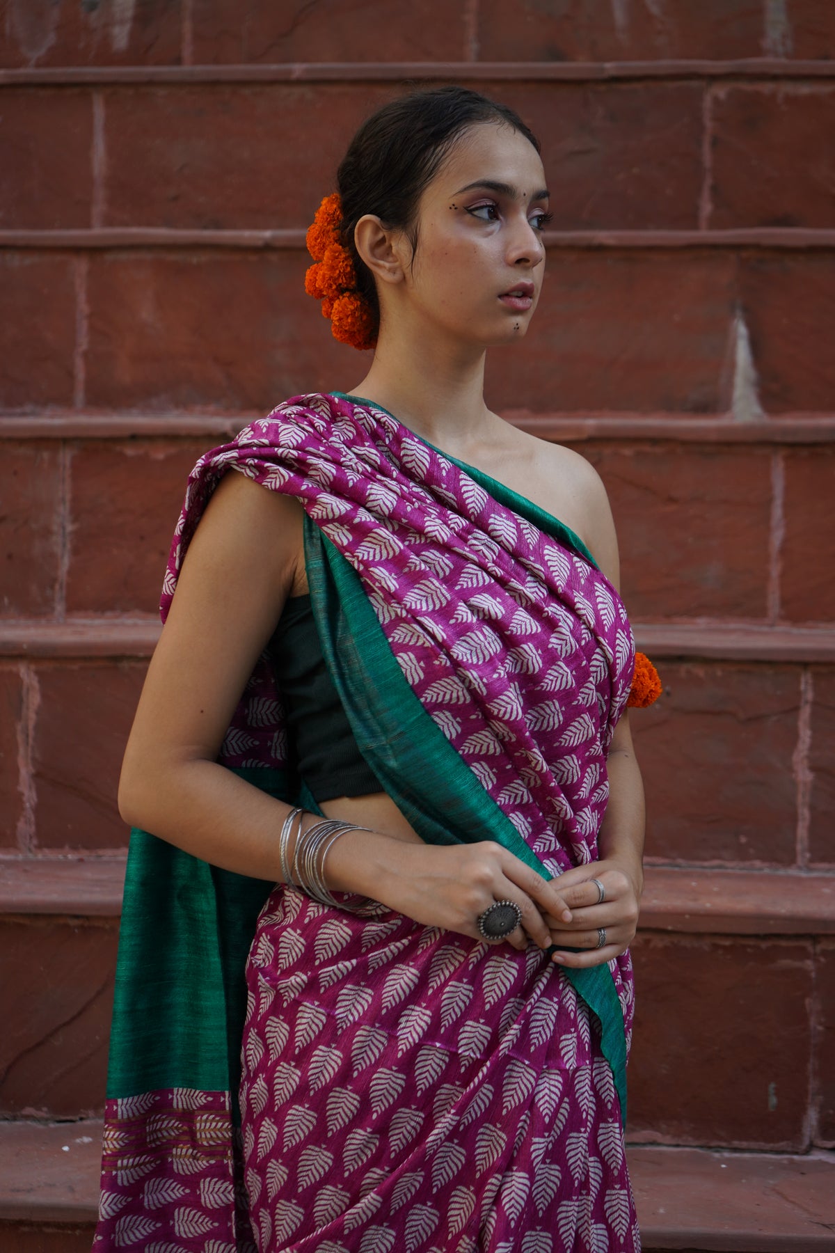 PINK PRINTED TUSSAR GICCHA SILK SAREE