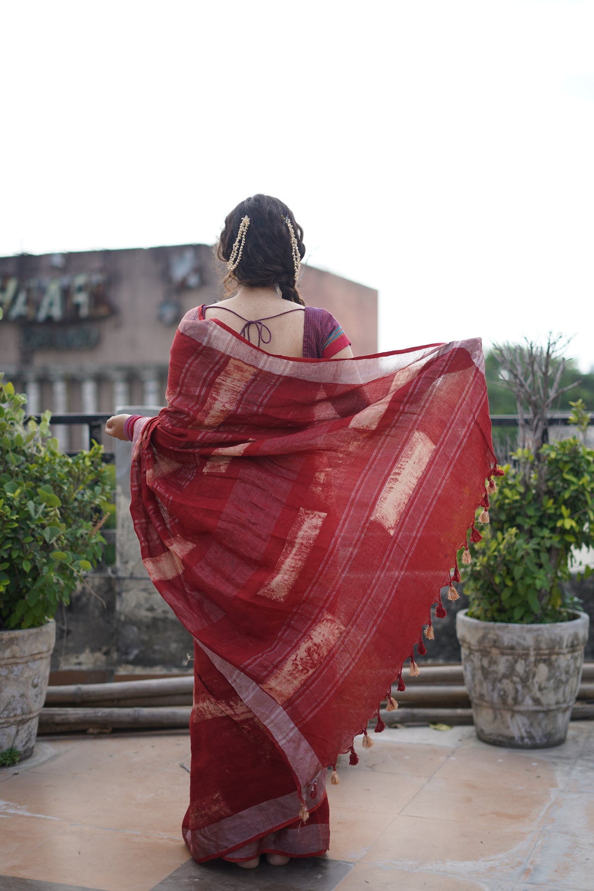Ajrakh Handblock Printed Pure Linen Saree – Deep Maroon Elegance