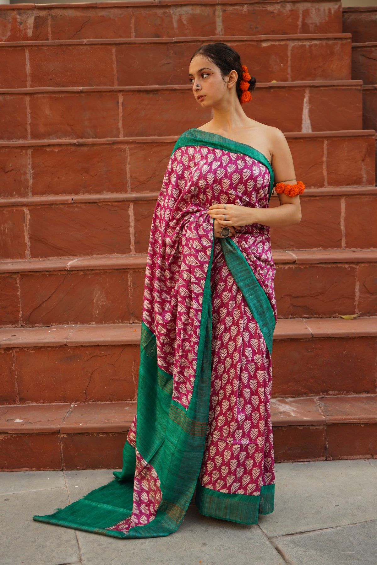 PINK PRINTED TUSSAR GICCHA SILK SAREE