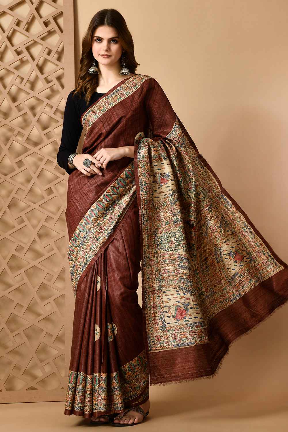 Handwoven Bhagalpuri Tussar Silk Saree with Traditional Madhubani Fish Motif