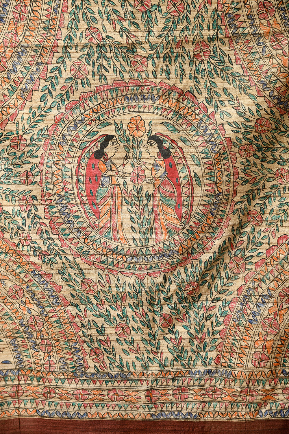 Handwoven Bhagalpuri Tussar Silk Saree with Traditional Madhubani Fish Motif