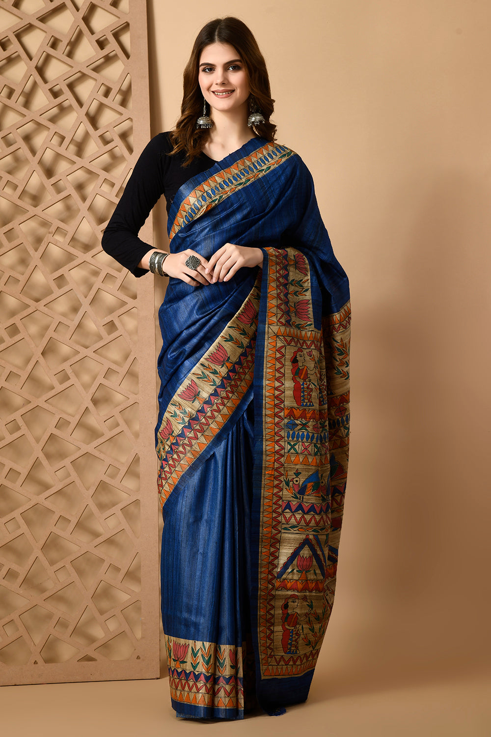 Luxurious Handwoven Royal Blue Tussar Silk Saree with Traditional Madhubani Motif
