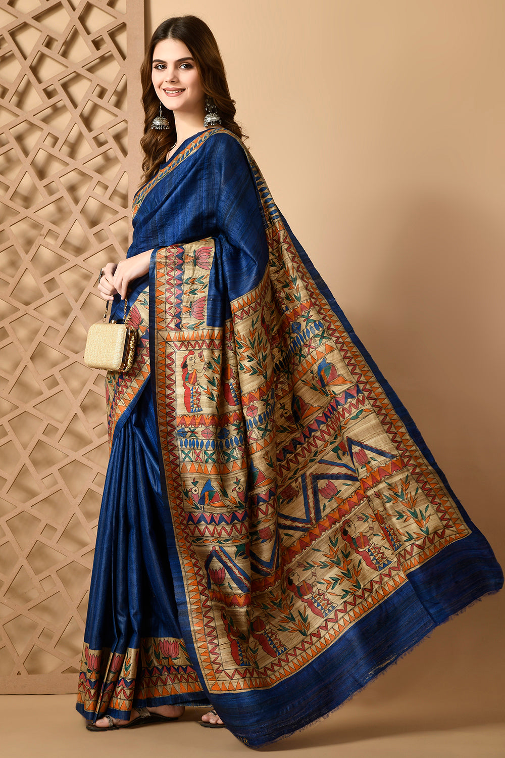 Royal Blue Colour Pure Tussar Silk Madhubani Traditional  Motif Handpainted Saree