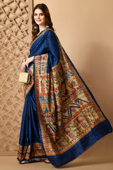 Luxurious Handwoven Royal Blue Tussar Silk Saree with Traditional Madhubani Motif