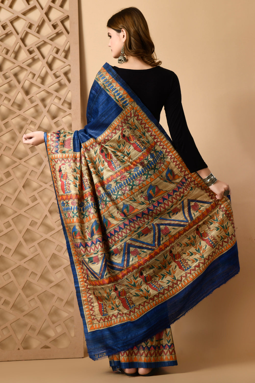 Luxurious Handwoven Royal Blue Tussar Silk Saree with Traditional Madhubani Motif