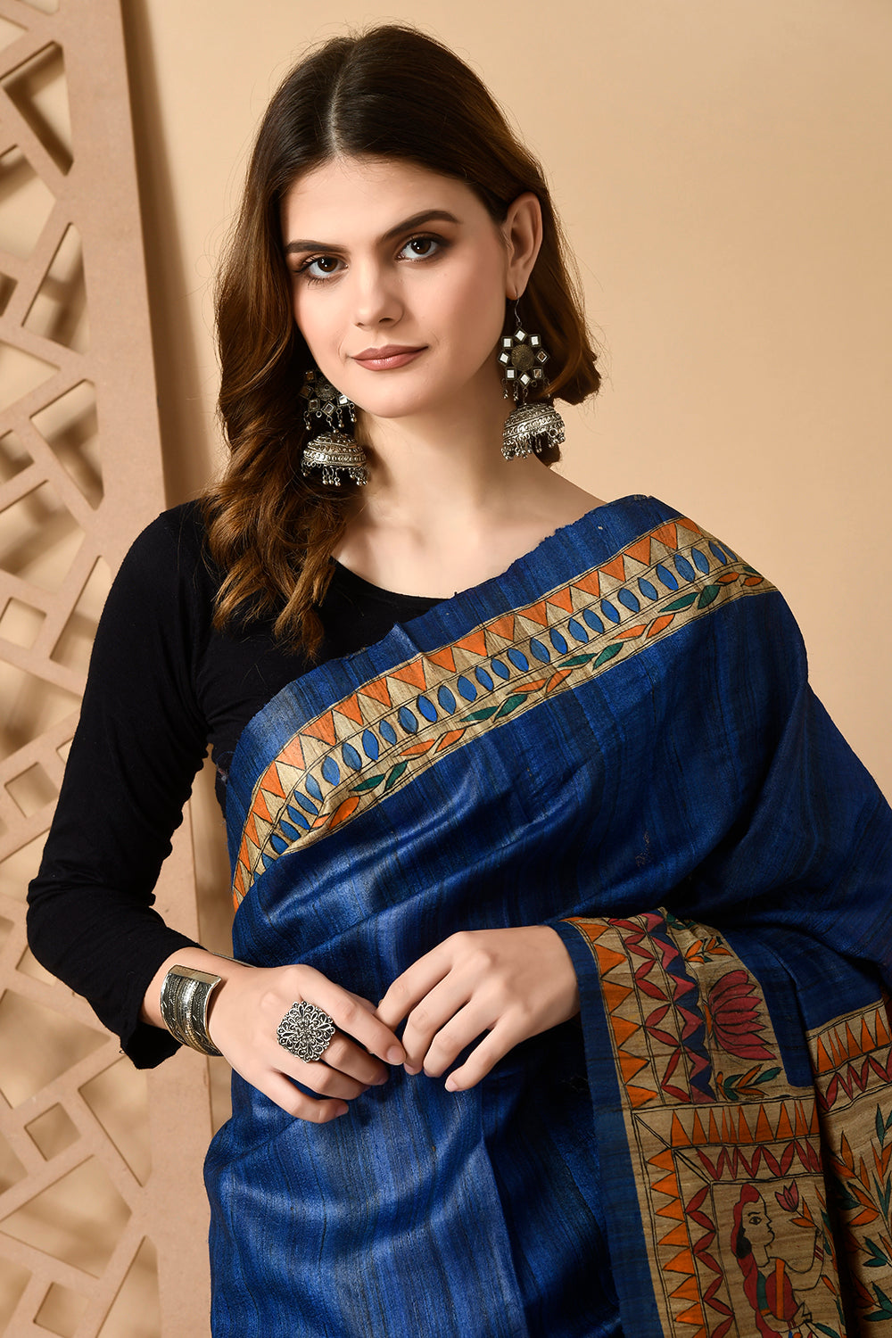 Luxurious Handwoven Royal Blue Tussar Silk Saree with Traditional Madhubani Motif