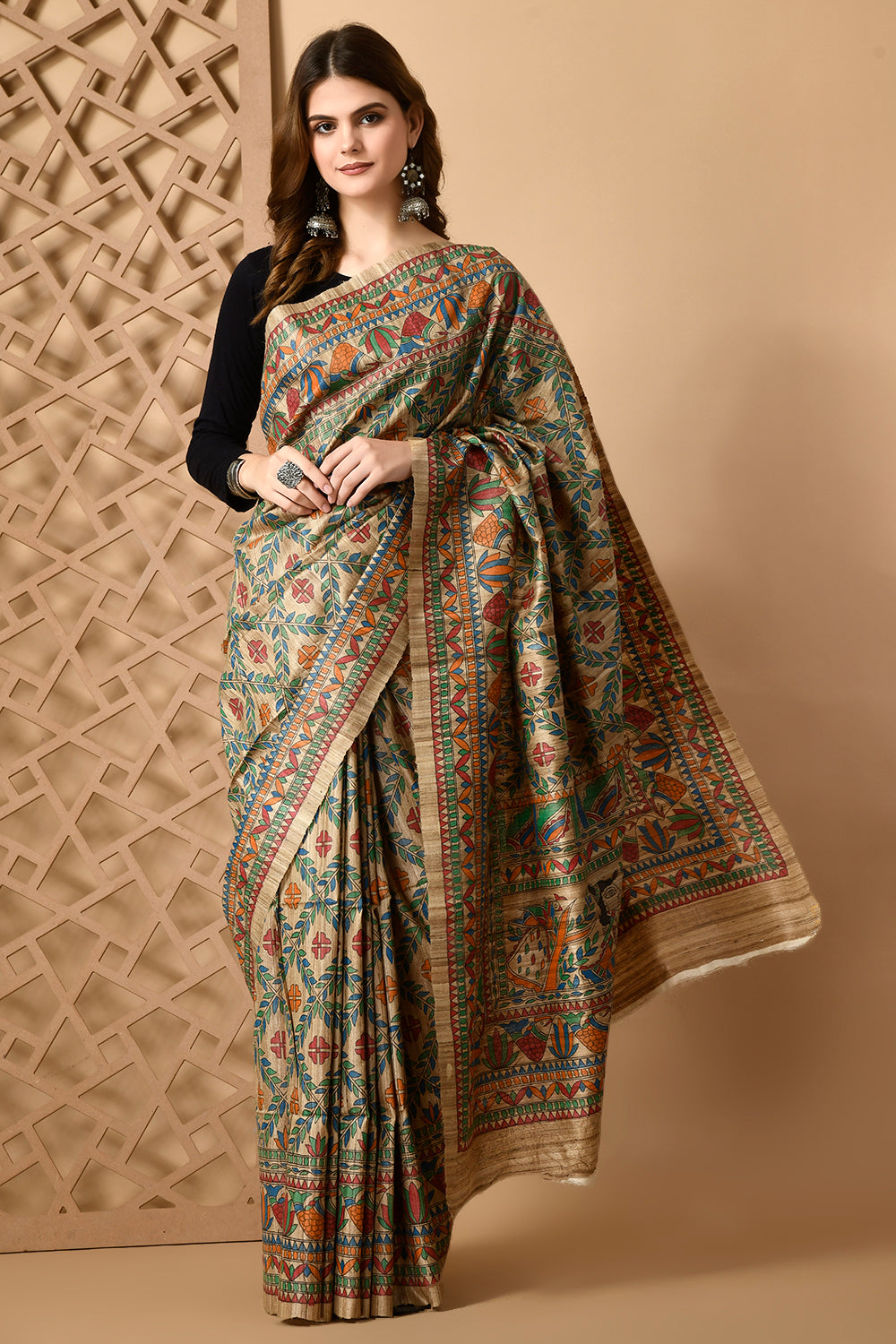 Pure Tussar Silk Madhubani Full HandPainted Saree