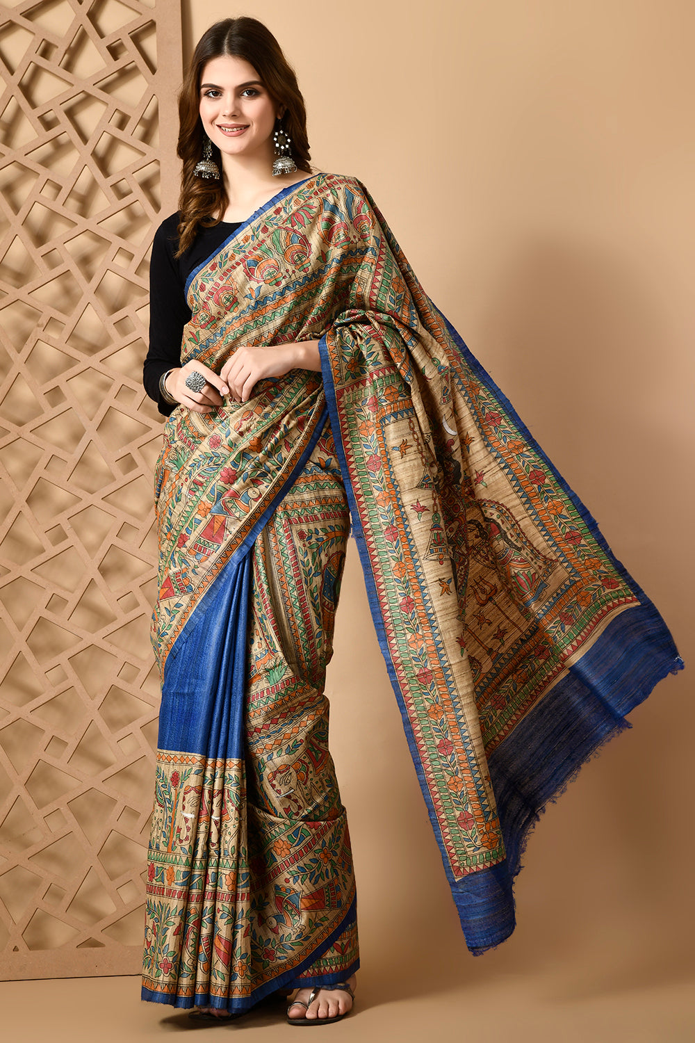 Handcrafted Traditional Elegance: Pure Tussar Silk Saree, Handpainted with Madhubani Art