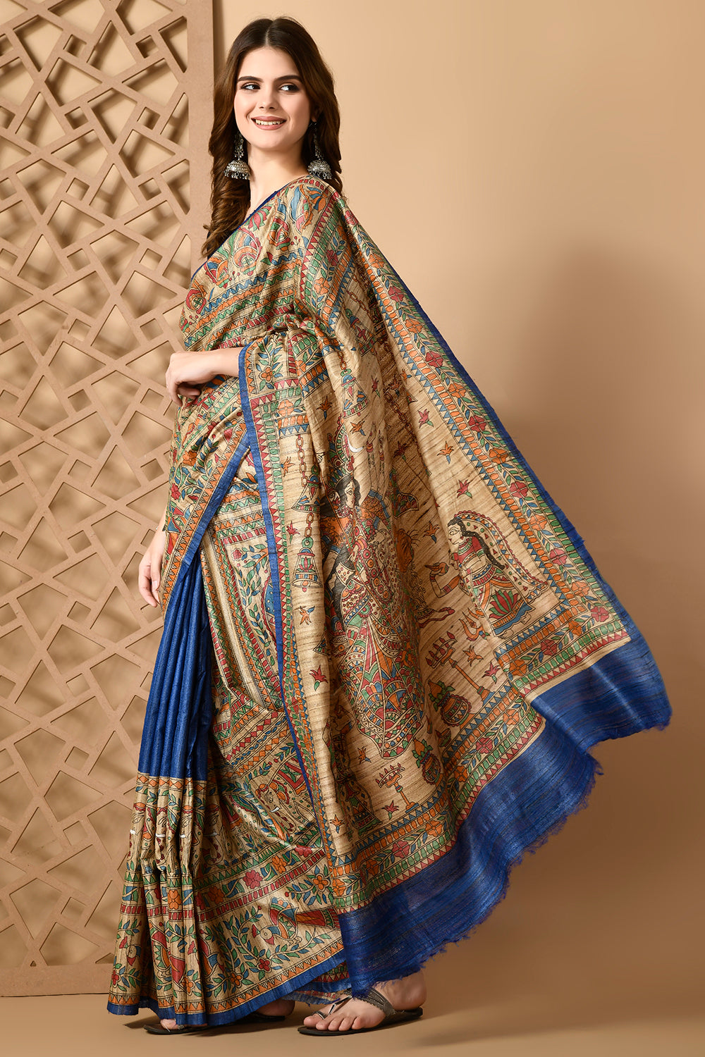 Handcrafted Traditional Elegance: Pure Tussar Silk Saree, Handpainted with Madhubani Art
