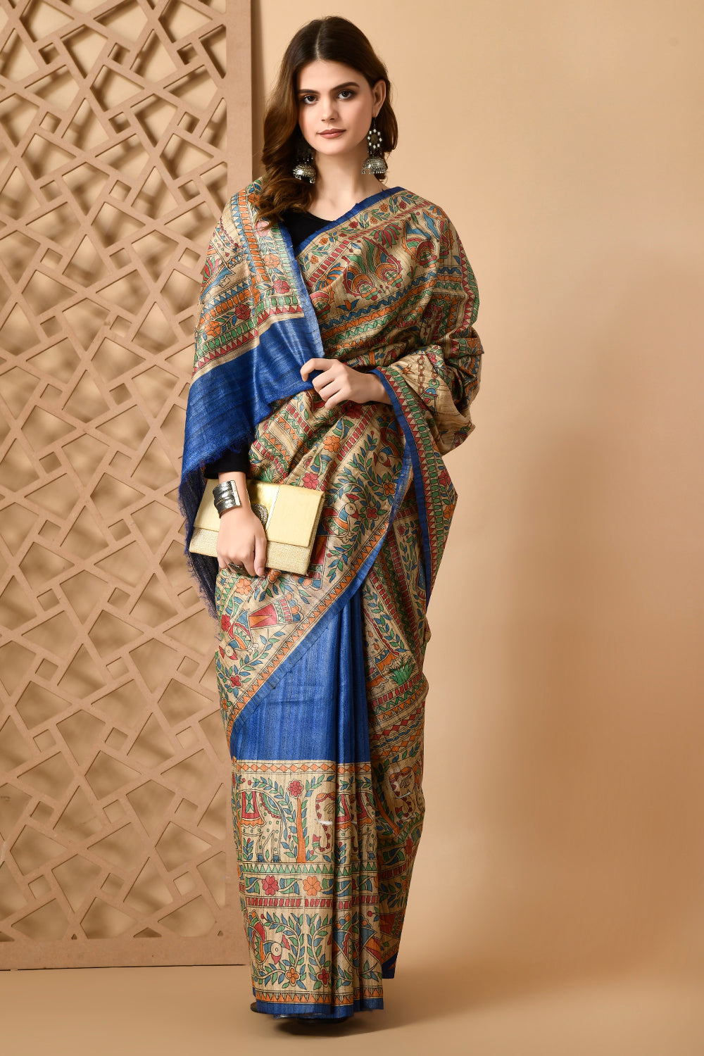 Handcrafted Traditional Elegance: Pure Tussar Silk Saree, Handpainted with Madhubani Art