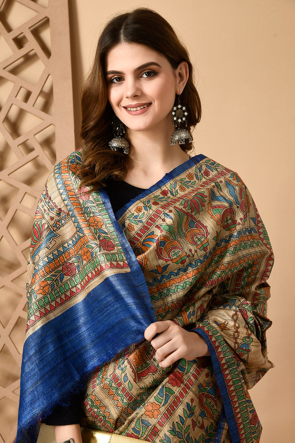 Handcrafted Traditional Elegance: Pure Tussar Silk Saree, Handpainted with Madhubani Art
