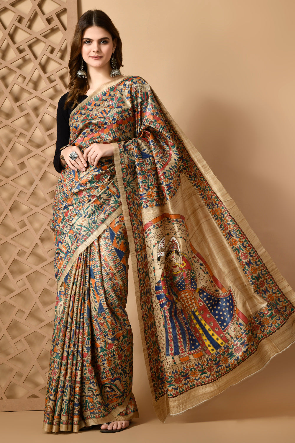 Heritage Enshrined Madhubani Tussar Silk Saree - A Tale of Elegance Handwoven & Handpainted