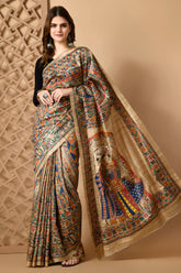 Heritage Enshrined Madhubani Tussar Silk Saree - A Tale of Elegance Handwoven & Handpainted