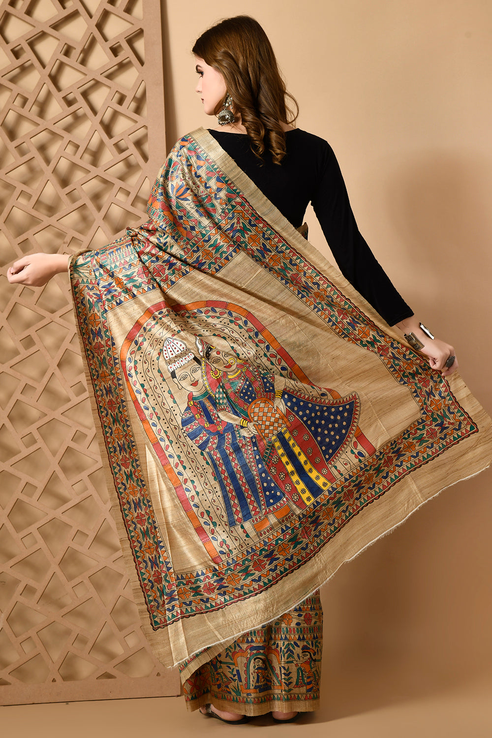 Heritage Enshrined Madhubani Tussar Silk Saree - A Tale of Elegance Handwoven & Handpainted