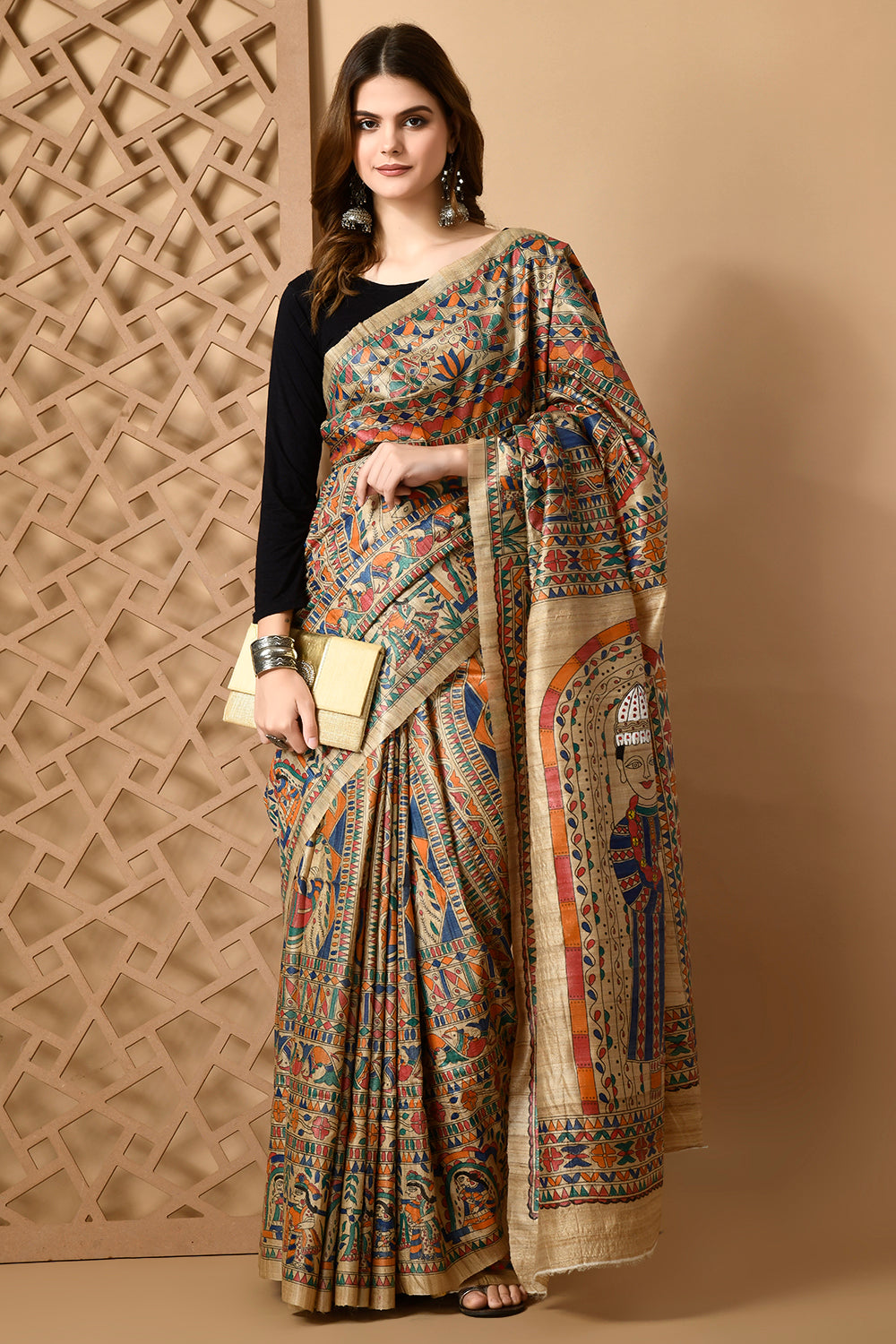 Heritage Enshrined Madhubani Tussar Silk Saree - A Tale of Elegance Handwoven & Handpainted