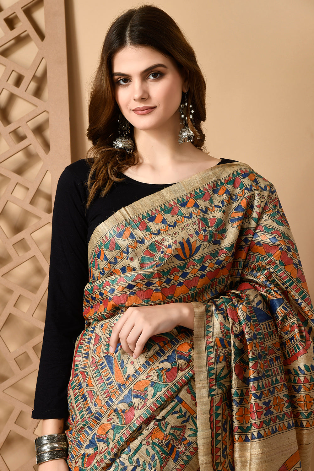 Heritage Enshrined Madhubani Tussar Silk Saree - A Tale of Elegance Handwoven & Handpainted
