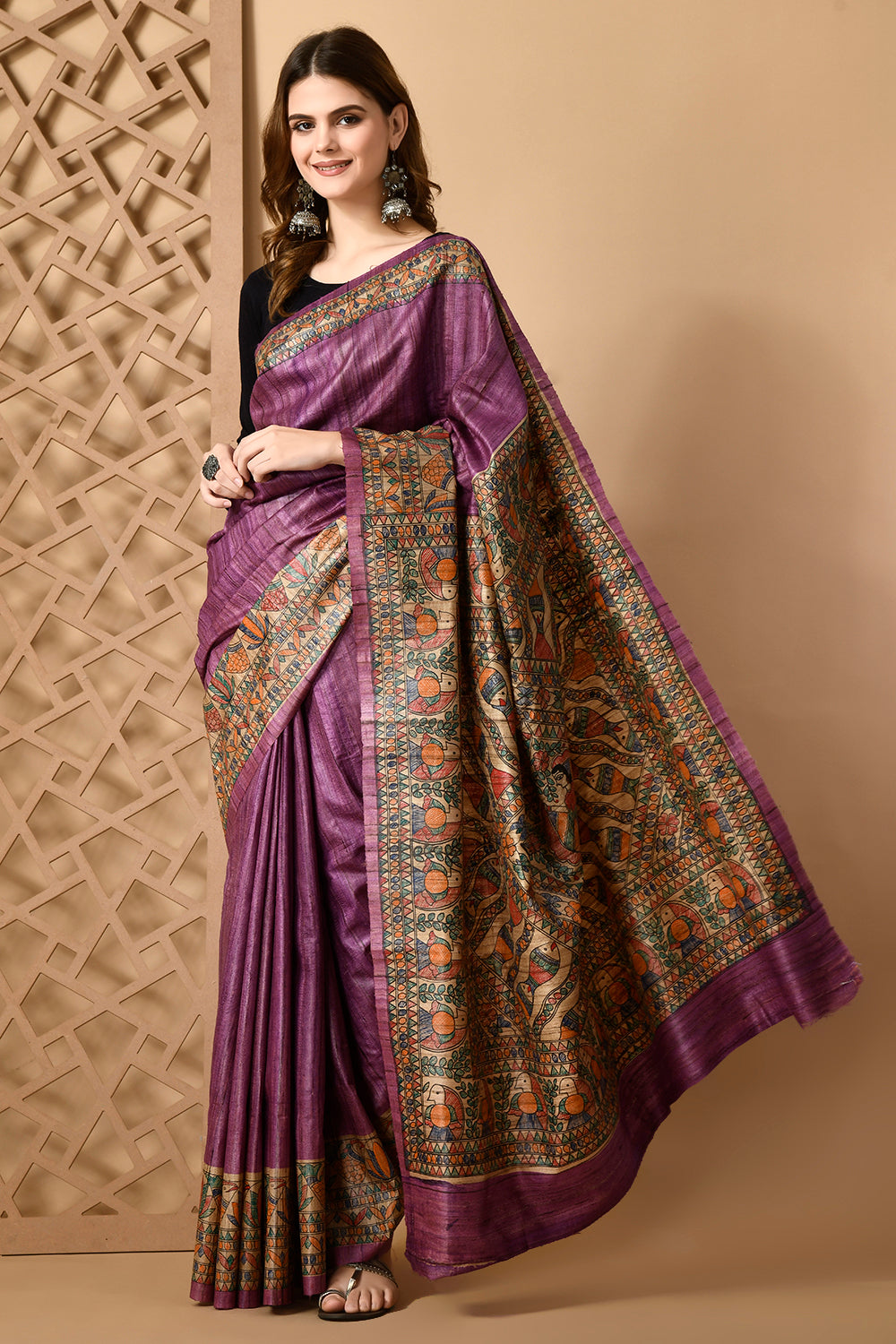 Purple Tussar Silk Madhubani Traditional Motif Handpainted Saree