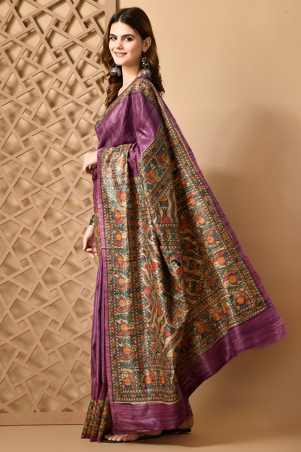 Purple Tussar Silk Madhubani Traditional Motif Handpainted Saree