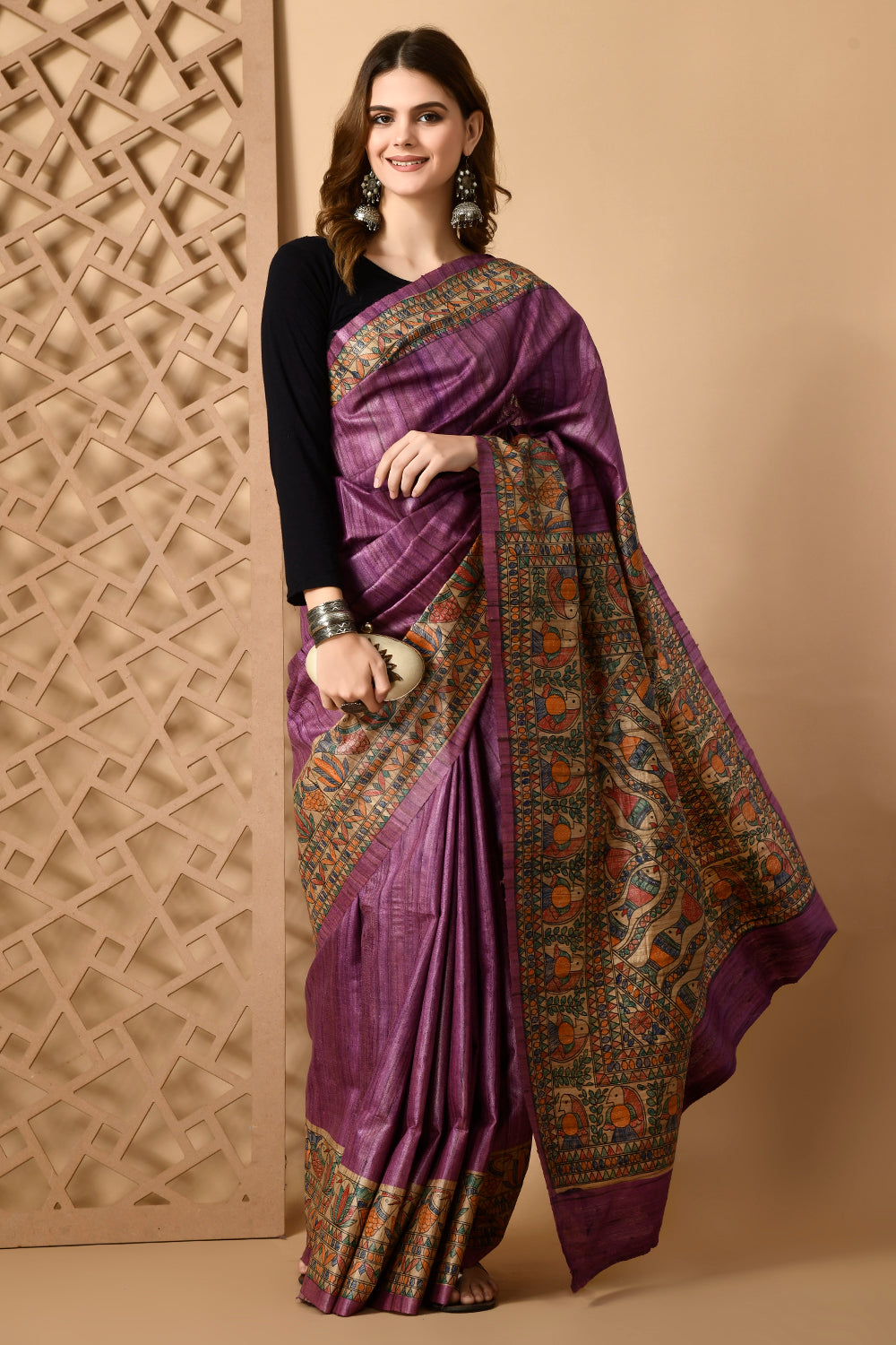 Purple  Colour Pure Tussar Silk Madhubani Traditional  Motif Handpainted Saree