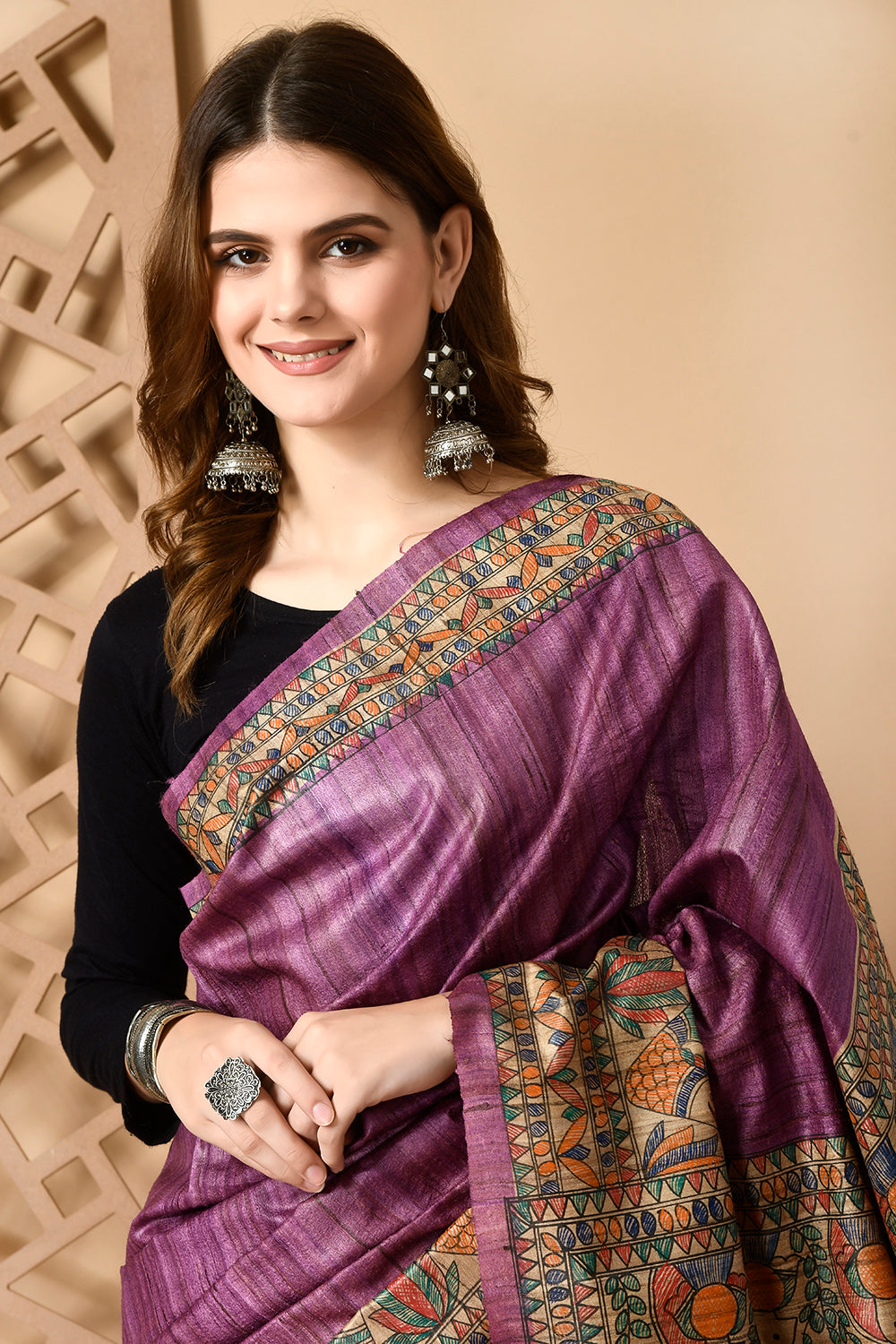 Purple Tussar Silk Madhubani Traditional Motif Handpainted Saree