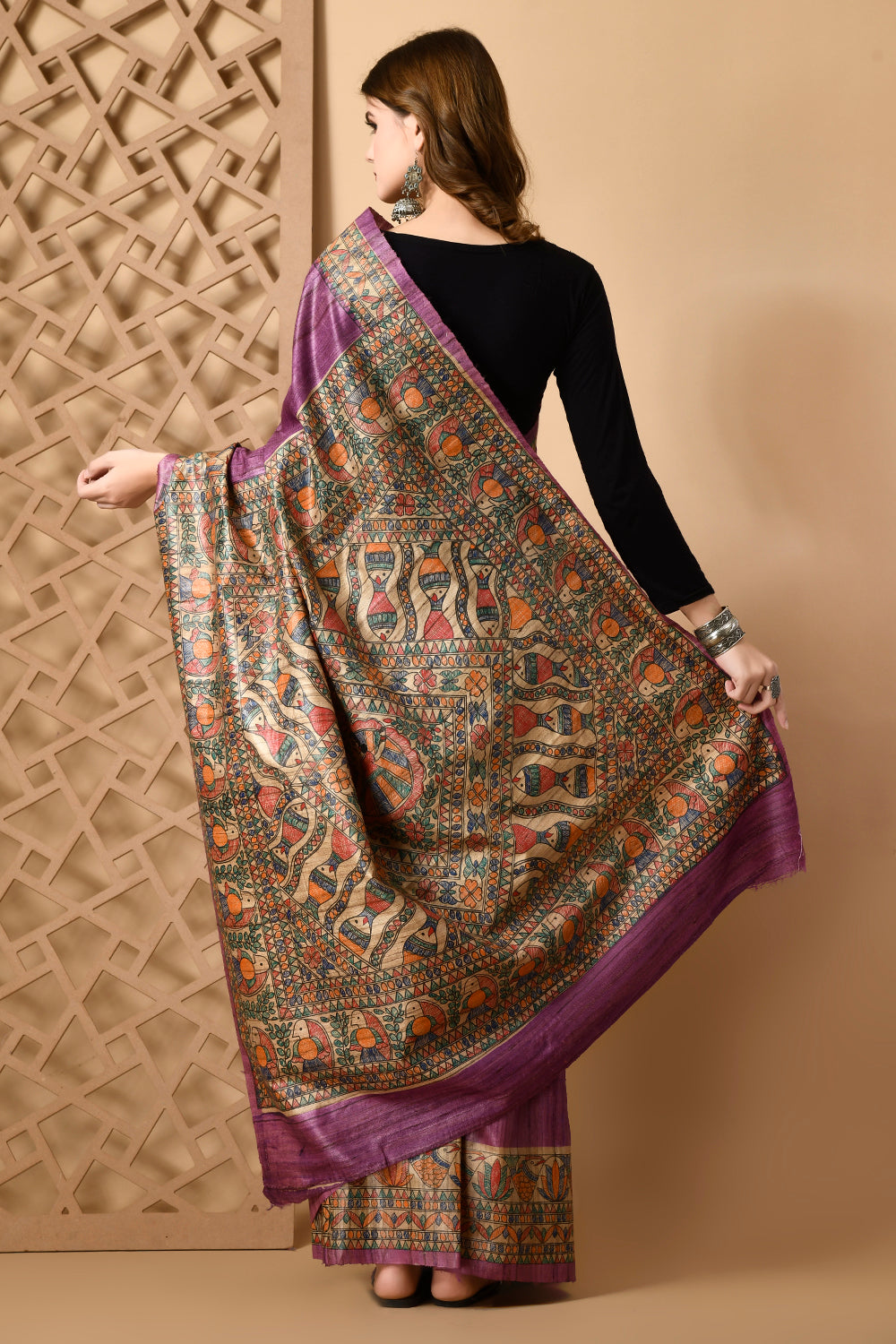 Purple  Colour Pure Tussar Silk Madhubani Traditional  Motif Handpainted Saree