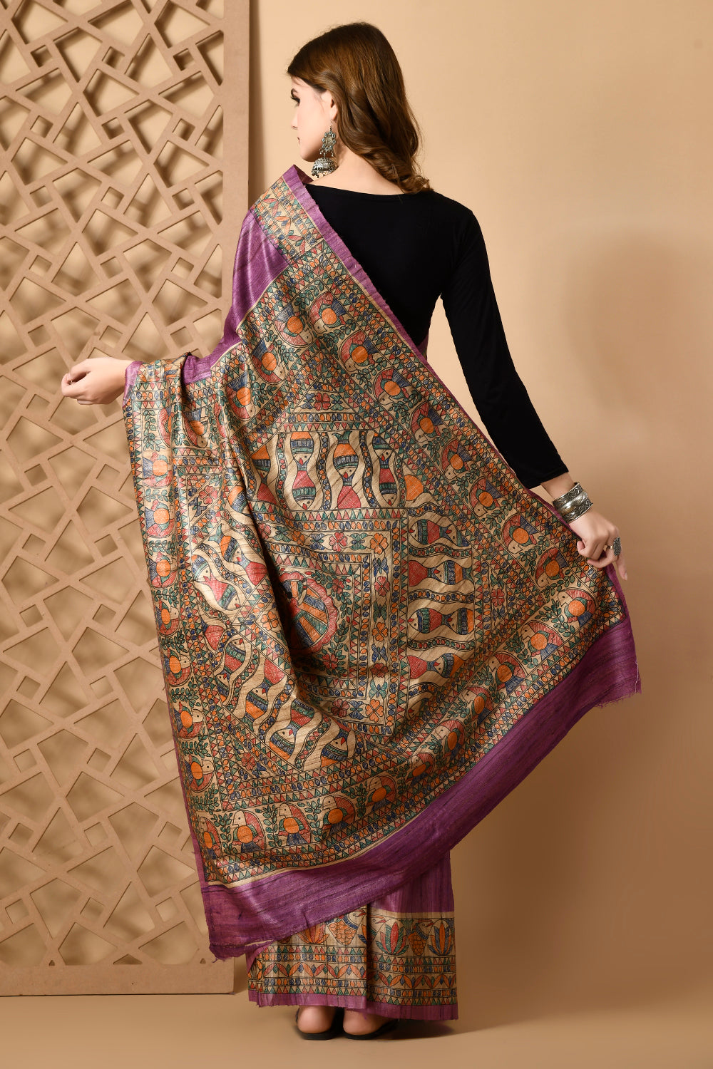 Purple Tussar Silk Madhubani Traditional Motif Handpainted Saree